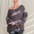 OKAKIE charcoal plush oversized sweater with a wide neckline and dropped shoulders in a soft fuzzy knit texture