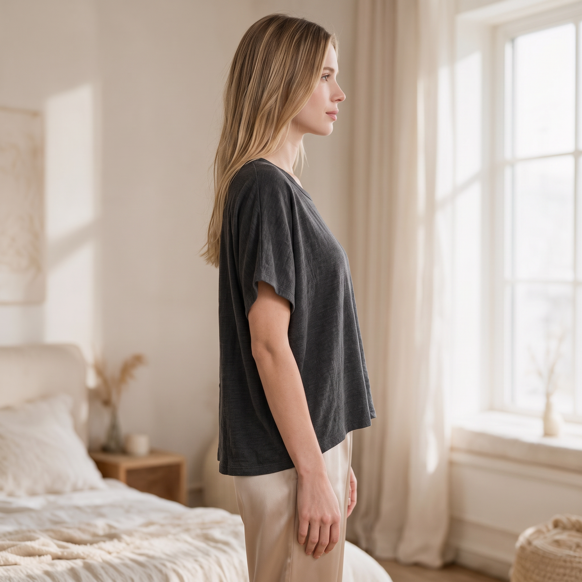 OKAKIE charcoal grey heavy raw cotton oversized tee with dropped shoulders and textured slub finish on a model