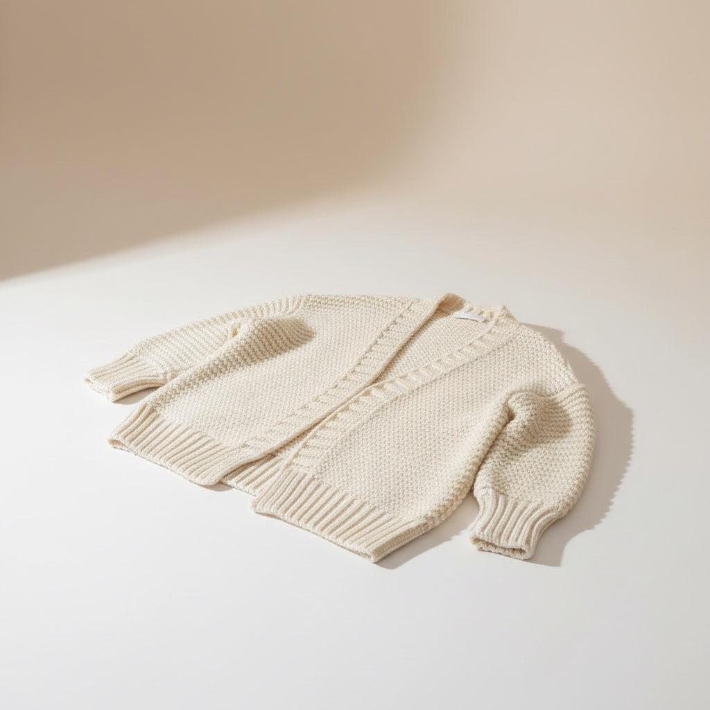 OKAKIE cream heavy knit cardigan with a purl texture, dolman sleeves, and an oversized, collarless design.