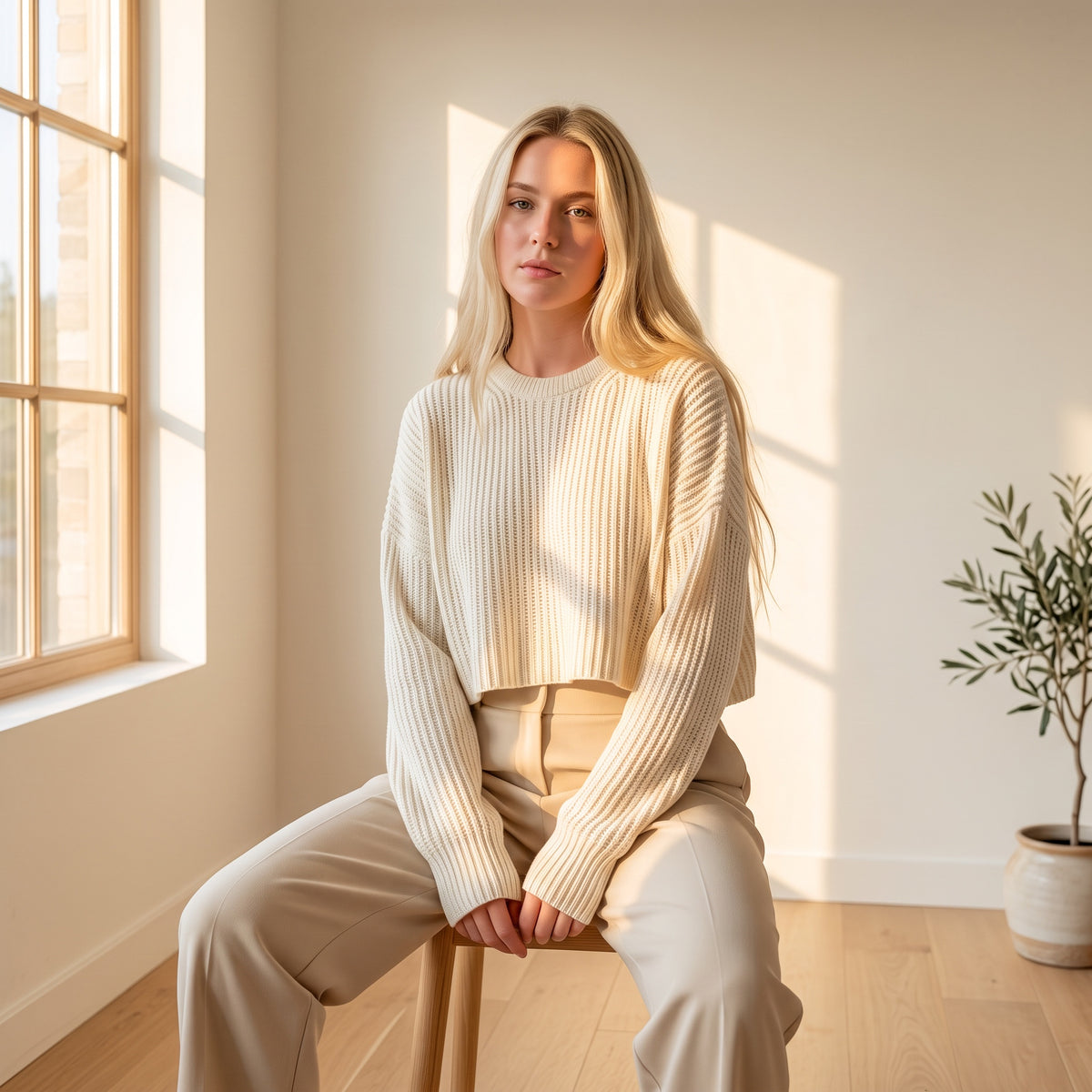 OKAKIE cream oversized purl knit cropped sweater with crew neck and drop shoulders worn by a blonde model