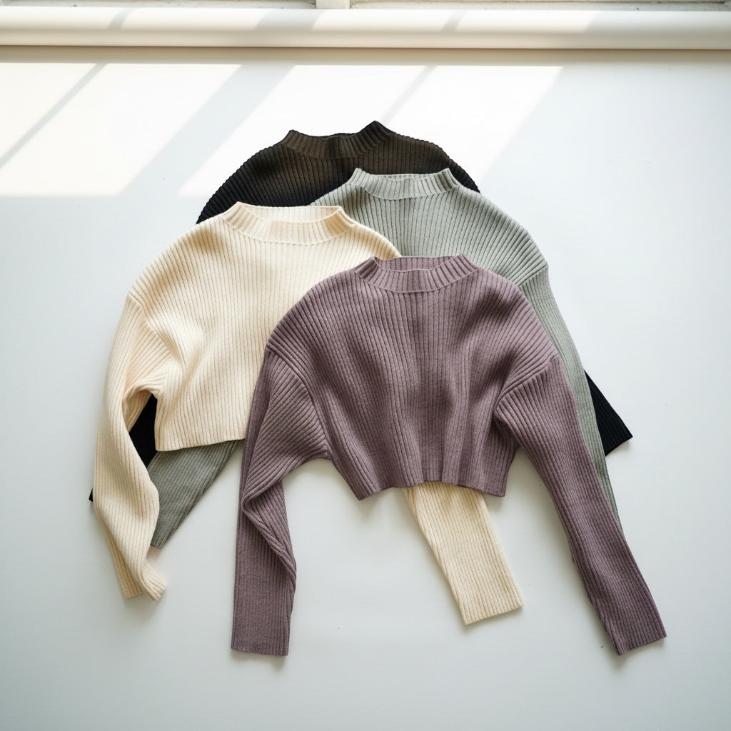 OKAKIE crop ribbed sweaters in four neutral colours with high necklines and long sleeves in a soft viscose knit.