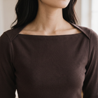 OKAKIE dark brown long-sleeve rib knit top featuring a square neckline and subtle shoulder panel detailing.
