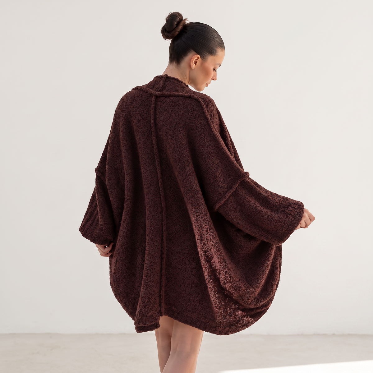 OKAKIE dark burgundy oversized teddy cocoon cardigan with drop shoulders and plush high-pile knitted texture