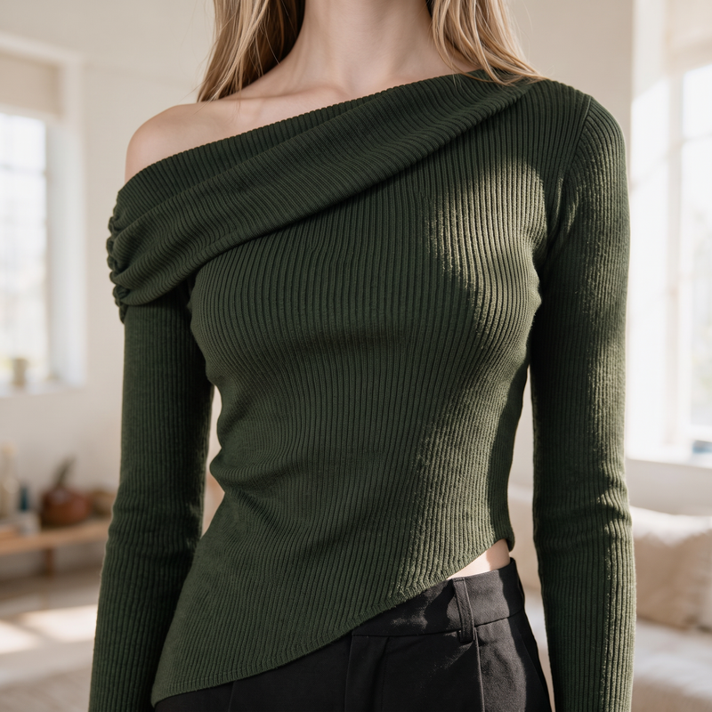 OKAKIE dark green asymmetric draped sweater top with long sleeves and fine ribbed knit texture