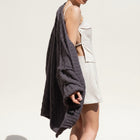 OKAKIE dark purple-grey oversized teddy cocoon cardigan with high-pile plush texture and drop shoulder design