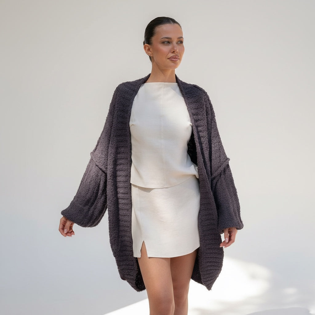 OKAKIE dark purple-grey oversized teddy cocoon cardigan with drop shoulders and plush high-pile knit texture