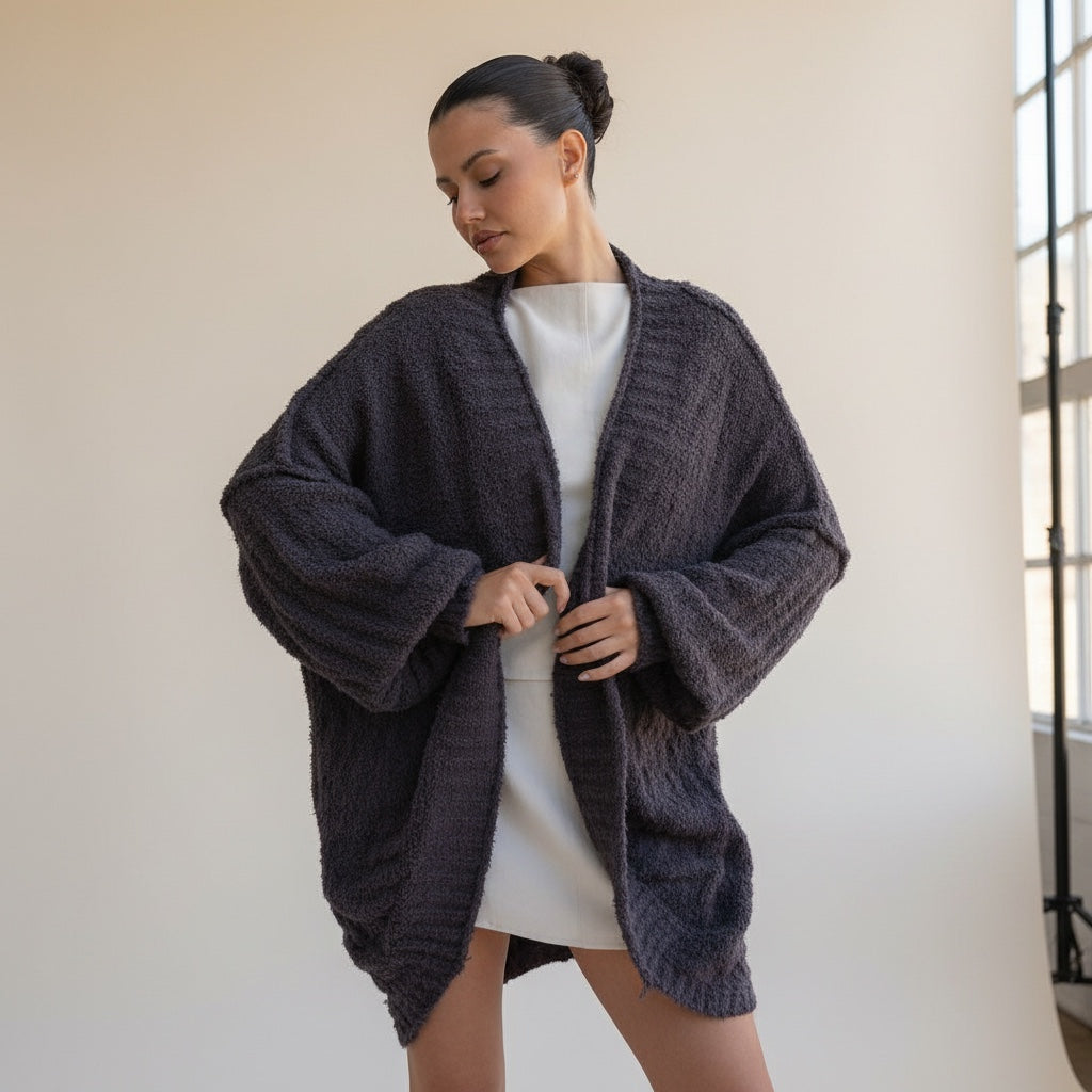 OKAKIE dark purple-grey teddy cocoon cardigan with high-pile texture, drop shoulders, and oversized fit on a model.
