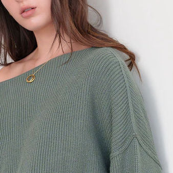 OKAKIE Dark Sage heavy ribbed tunic sweater with a wide bateau neckline and relaxed dropped shoulders