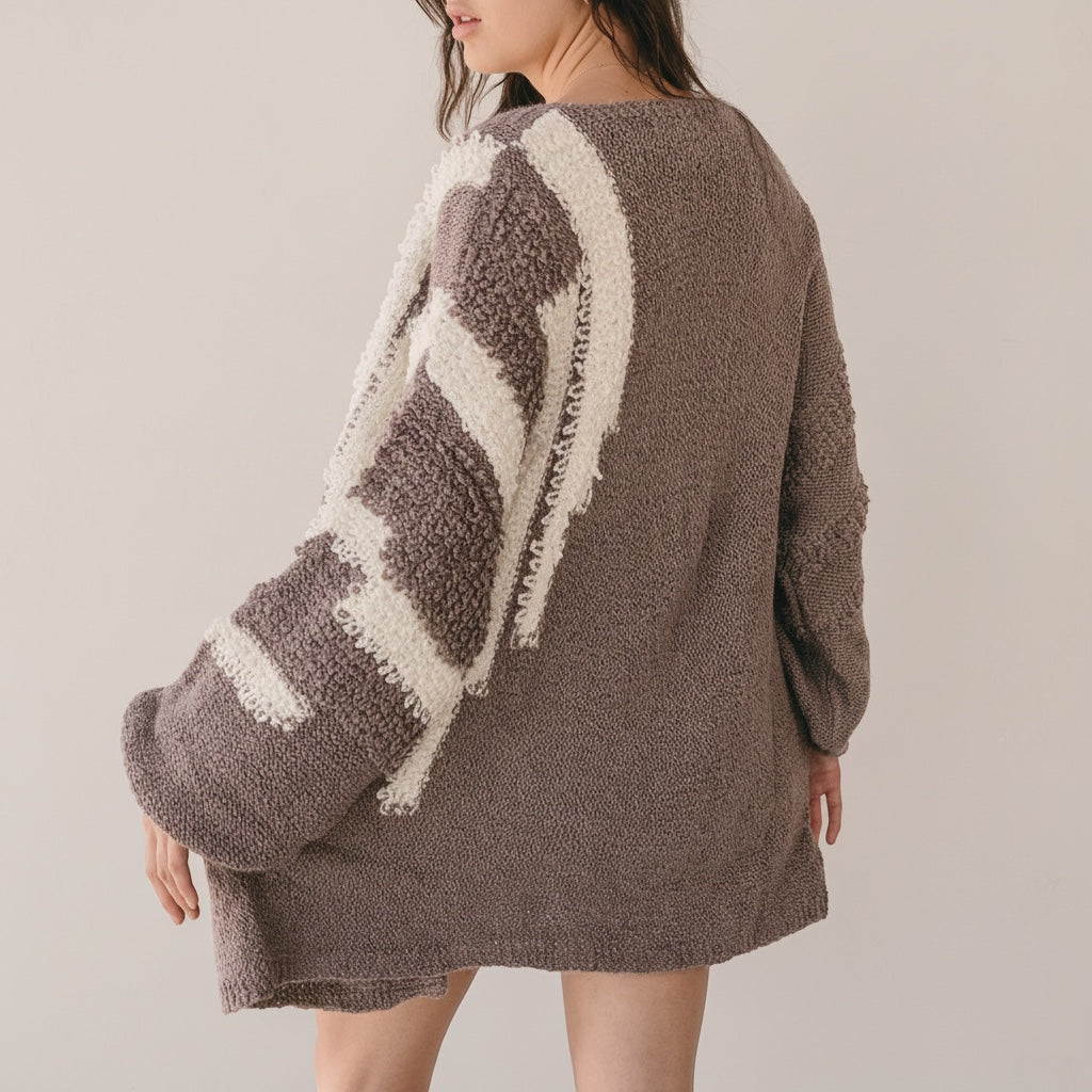 OKAKIE dusty grape two-tone marled cotton cardigan with drop shoulders and wide sleeves on a model