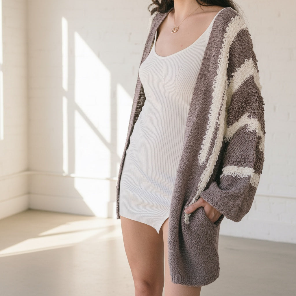 OKAKIE dusty grape two-tone marled cotton cardigan with drop shoulders and wide sleeves worn over a white mini dress