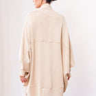 OKAKIE beige silky modal cocoon cardigan with oversized dolman sleeves and draped shawl collar, back view