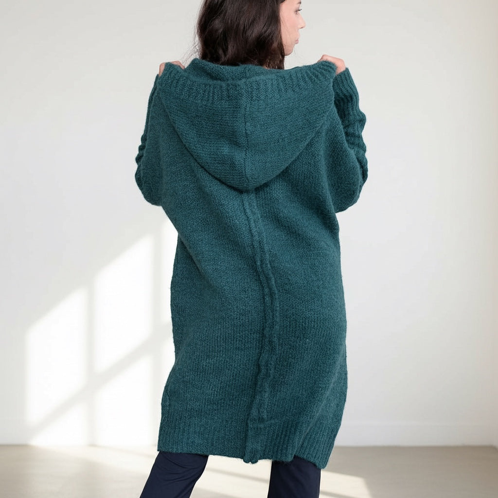 OKAKIE knee-length fuzzy hooded cardigan in deep teal with a center back seam and oversized fit