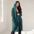 OKAKIE dark green fuzzy hooded cardigan with oversized patch pockets and long sleeves worn by a model