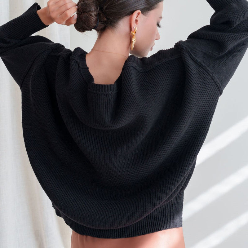 OKAKIE Lucienne black heavyweight cotton-rich boyfriend sweater with micro-ribbed texture and dropped shoulders.