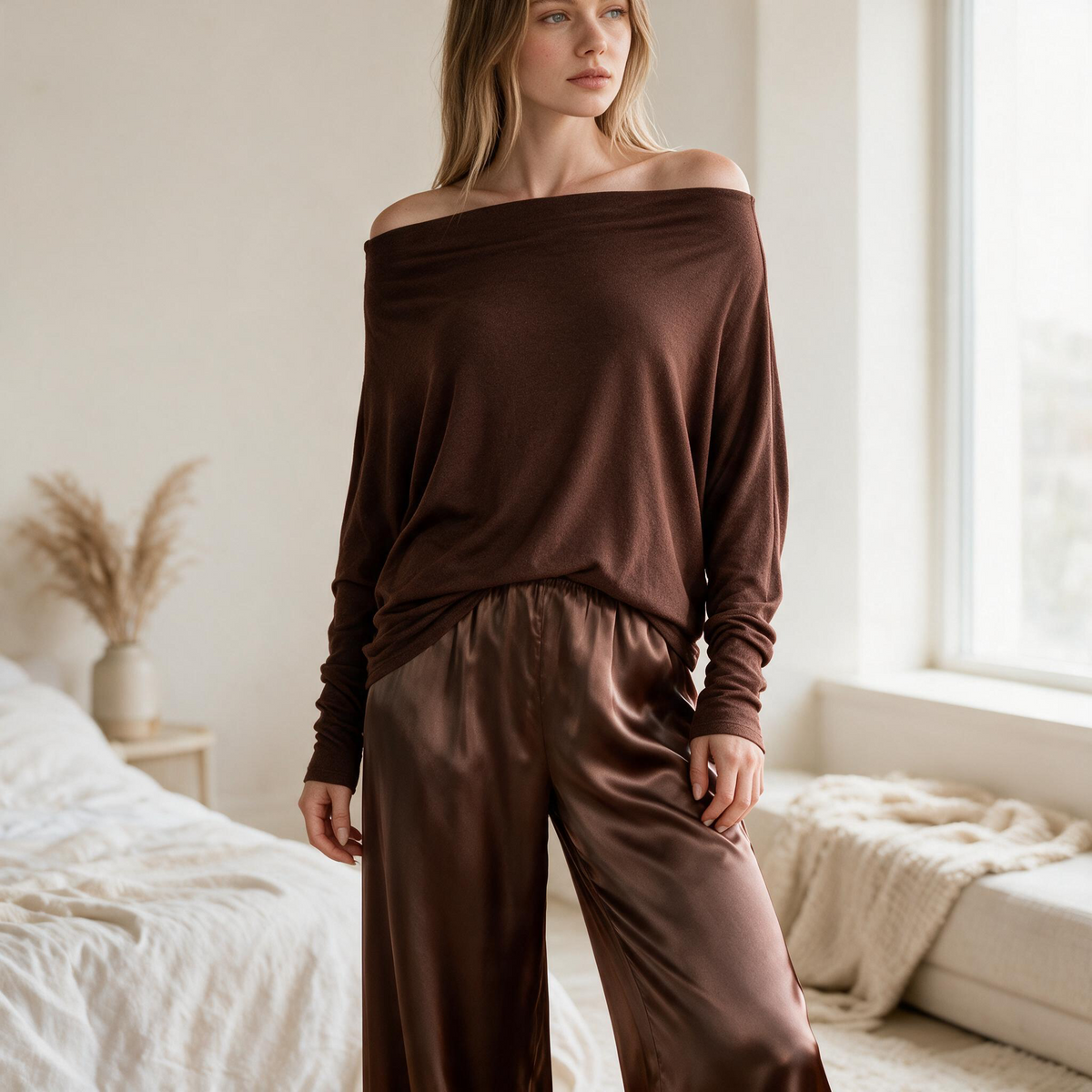 Model wearing OKAKIE brown hacci knit top with a wide boat neckline styled off the shoulder in a bright bedroom.
