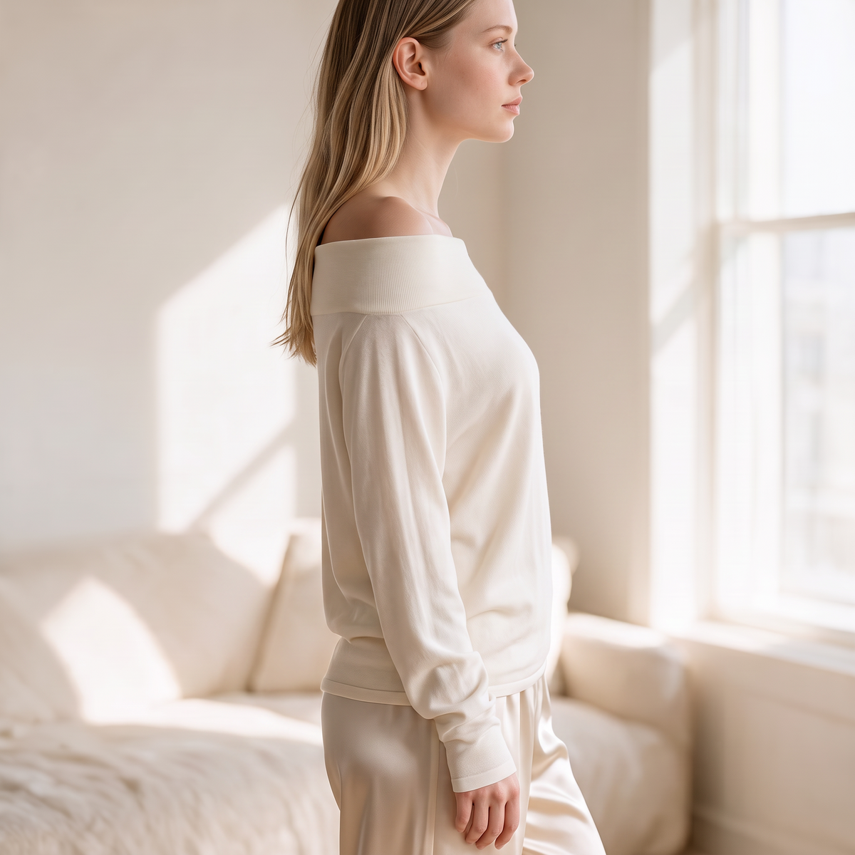 OKAKIE Maëlle draped hacci knit top in cream with an off-shoulder boat neckline and relaxed dolman sleeves.