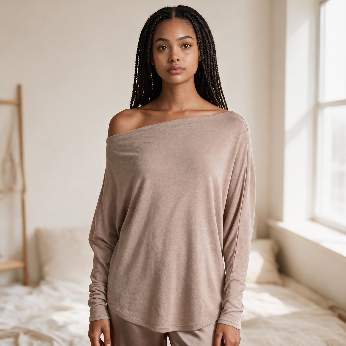OKAKIE Maëlle draped hacci knit top in beige with a wide boat neckline worn off-shoulder on a woman with braids.