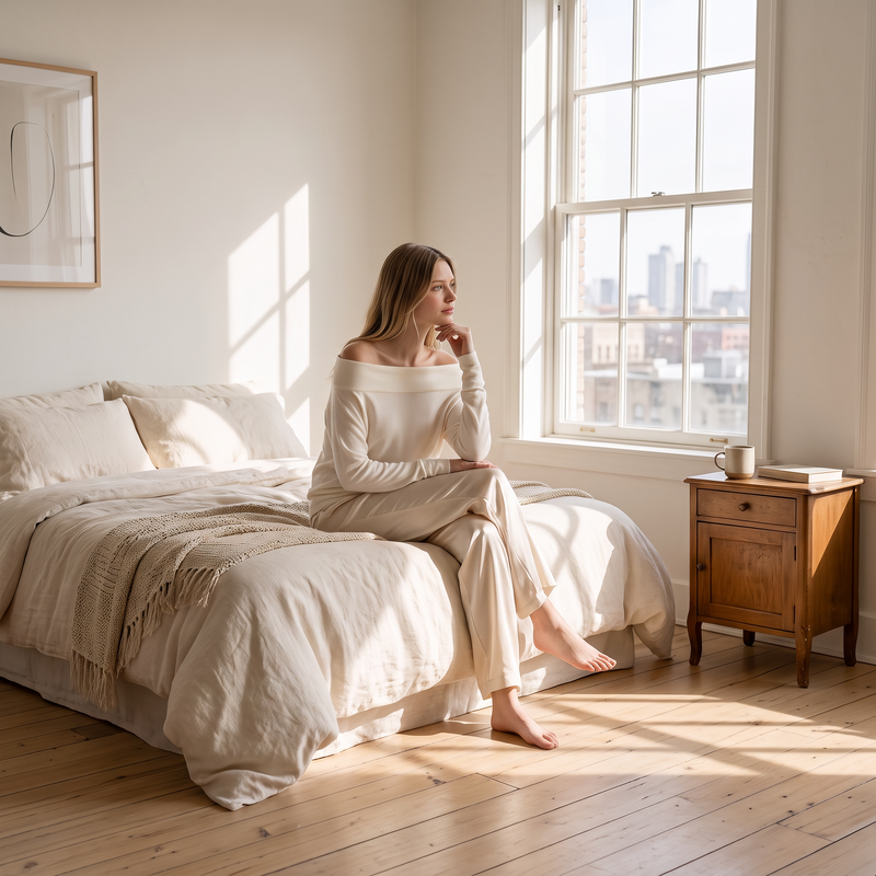 OKAKIE Maëlle draped hacci knit top in cream worn off-shoulder by a woman sitting on a bed in a sunlit bedroom.