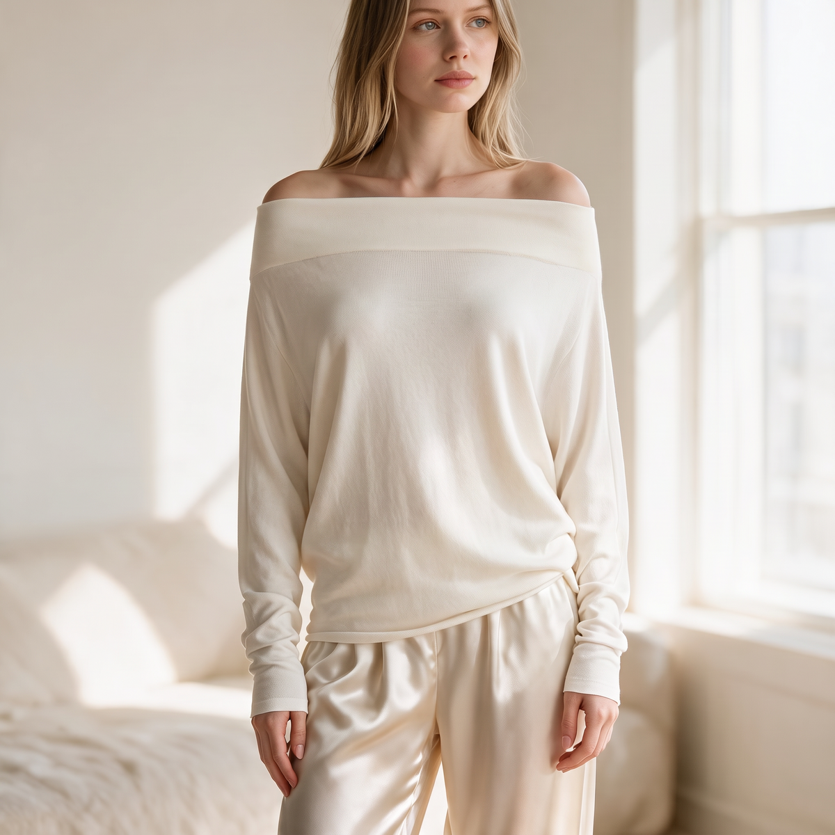 OKAKIE Maëlle draped hacci knit top in cream with a wide boat neckline worn off-shoulder on a blonde model.