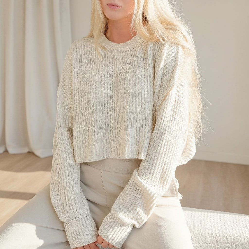 OKAKIE oversized cream purl knit cropped sweater with crew neckline and drop shoulder sleeves on a model