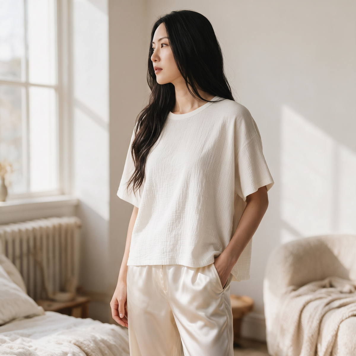 OKAKIE oversized cream raw cotton tee with textured slub finish and dropped shoulders worn by a woman in a bright room
