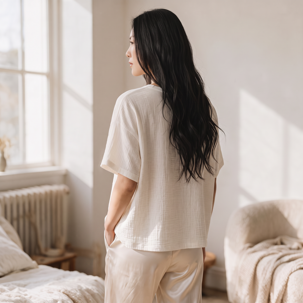 OKAKIE oversized cream raw cotton tee with slub texture and dropped shoulders worn by a woman in a sunlit room