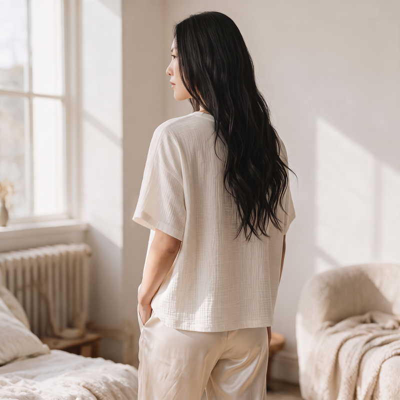 OKAKIE oversized cream raw cotton tee with slub texture and dropped shoulders worn by a woman in a sunlit room