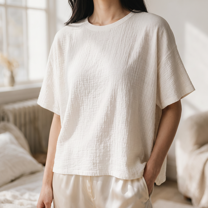 OKAKIE oversized crew neck tee in cream heavy raw cotton with a textured slub finish and relaxed dropped shoulders.