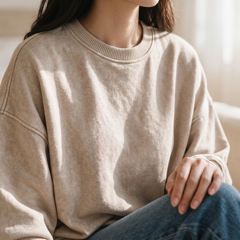 OKAKIE oversized fleece pullover in a beige vintage acid-wash finish with a ribbed crew neck and dropped shoulders.
