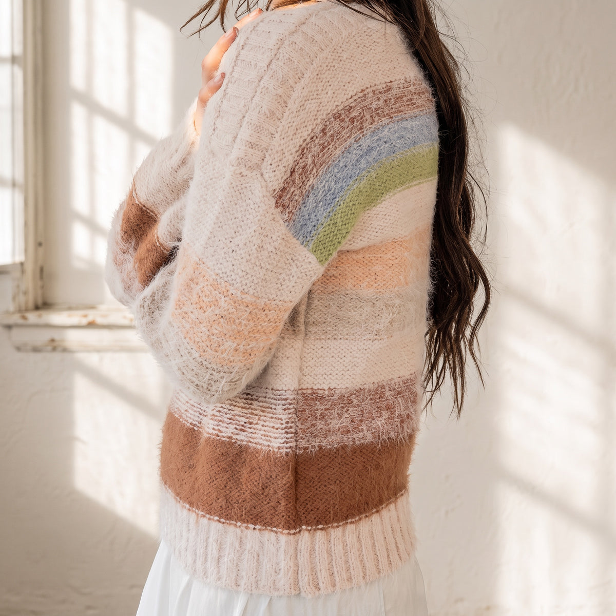 OKAKIE pastel striped sweater with high-pile texture, drop shoulders, and soft knitted finish on a model