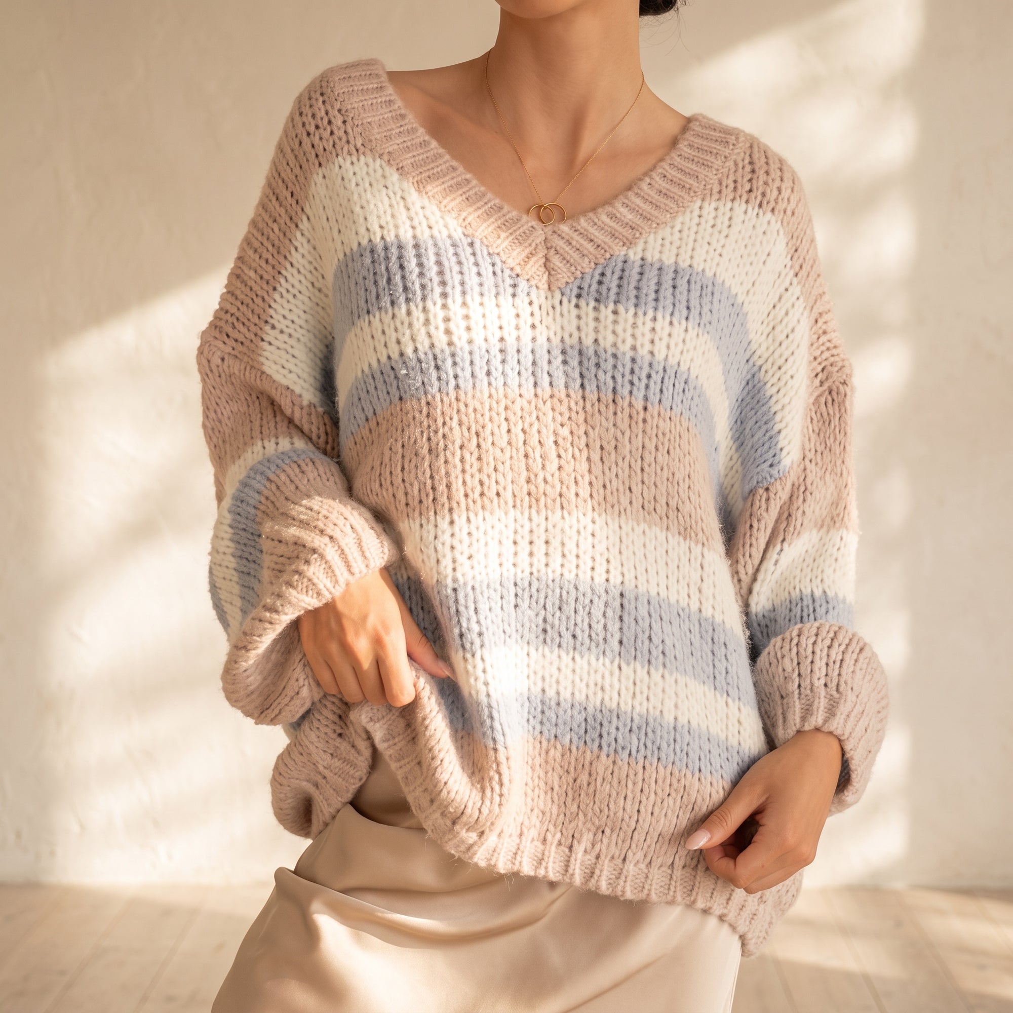 OKAKIE oversized pastel striped V-neck knitted sweater tunic in beige, white, and blue worn with a satin skirt