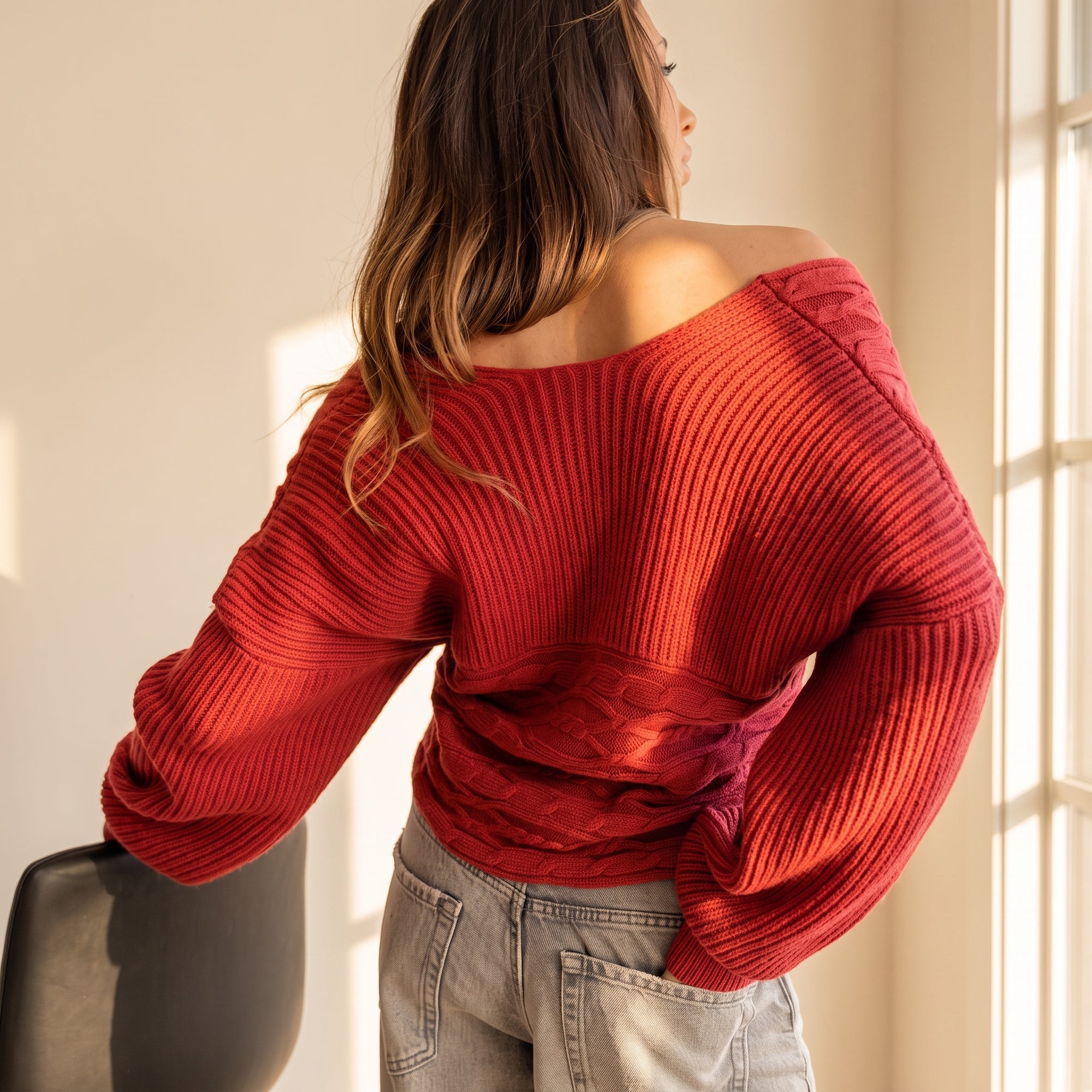 OKAKIE red cable knit sweater with off-shoulder neckline and wide dolman sleeves worn by a woman.