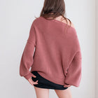 OKAKIE oversized dusty rose ribbed knit tunic sweater with dropped shoulders and wide neckline viewed from behind