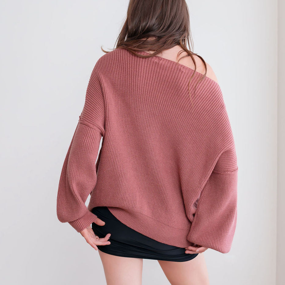 OKAKIE oversized dusty rose ribbed knit tunic sweater with dropped shoulders and wide neckline viewed from behind