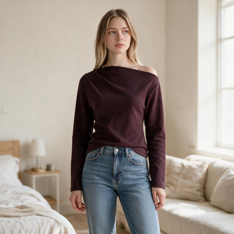 OKAKIE Solène asymmetric scuba knit top in deep burgundy with long sleeves worn by a model in a bright bedroom.
