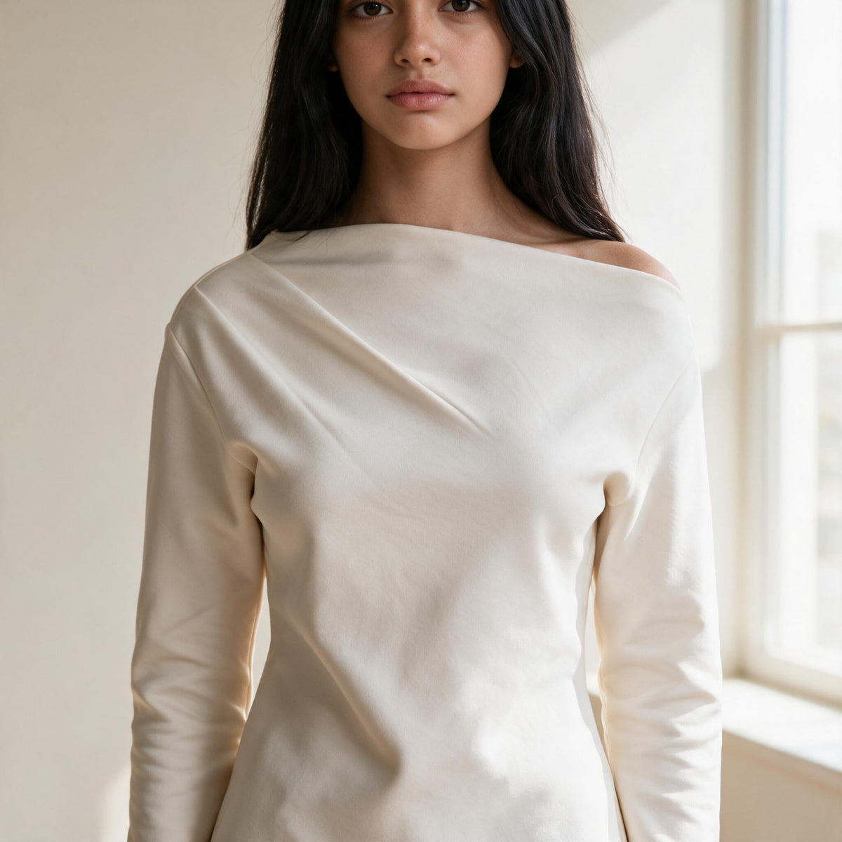 OKAKIE Solène asymmetric off-shoulder top in cream cotton-rich scuba knit with long sleeves and architectural neckline