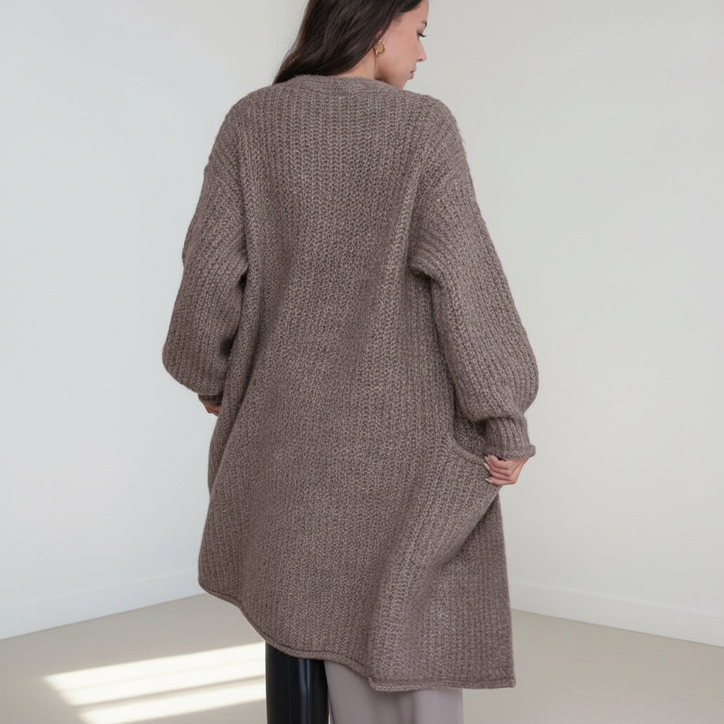 OKAKIE heavy warm purl knit cardigan in taupe brown with long sleeves and a relaxed fit, back view