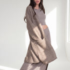 OKAKIE heavy warm taupe purl knit cardigan with deep pockets worn over a matching fitted top and skirt