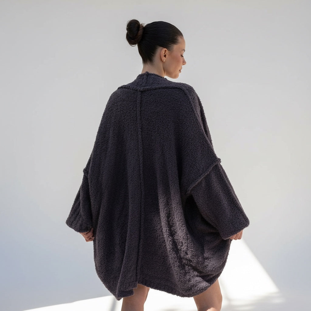 OKAKIE dark purple-grey teddy cocoon cardigan with high-pile plush texture, drop shoulders, and oversized fit