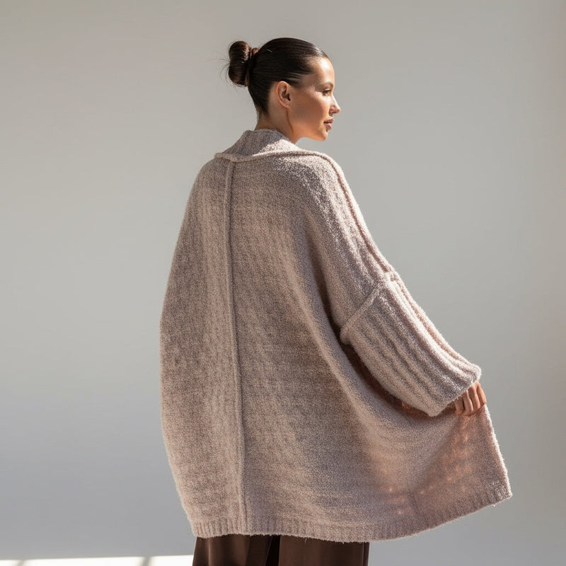 OKAKIE teddy soft cocoon cardigan in a neutral beige cotton blend with an oversized silhouette and ribbed cuffs