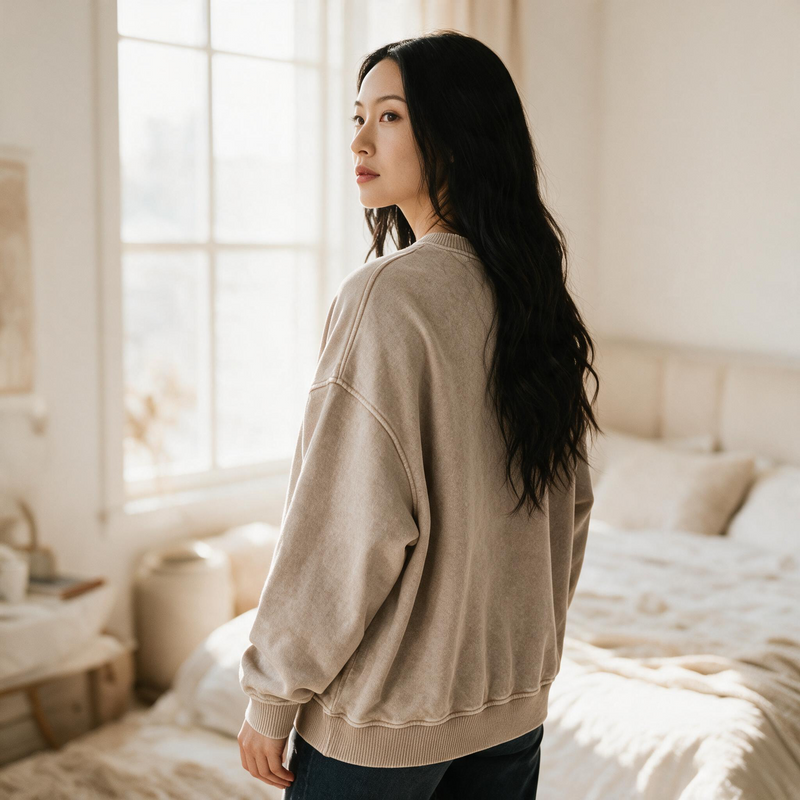 OKAKIE oversized fleece pullover in a vintage acid-wash beige, featuring balloon sleeves and a relaxed fit.