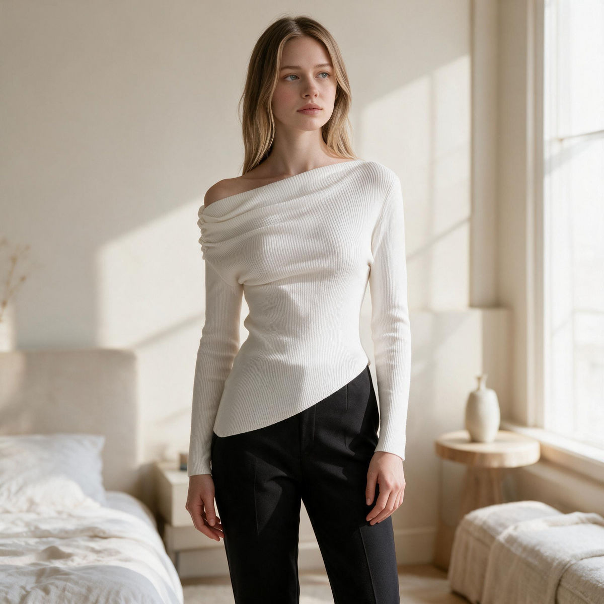 Model wearing OKAKIE white asymmetric draped sweater top with ribbed knit texture and long sleeves in a bright room