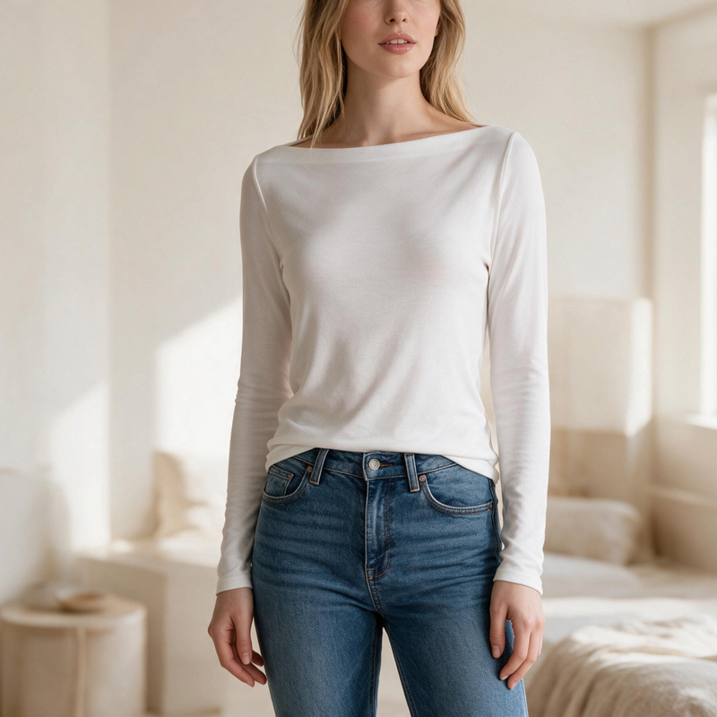 Model wearing an OKAKIE white long-sleeve boat neck top in a soft brushed knit fabric paired with blue denim jeans.