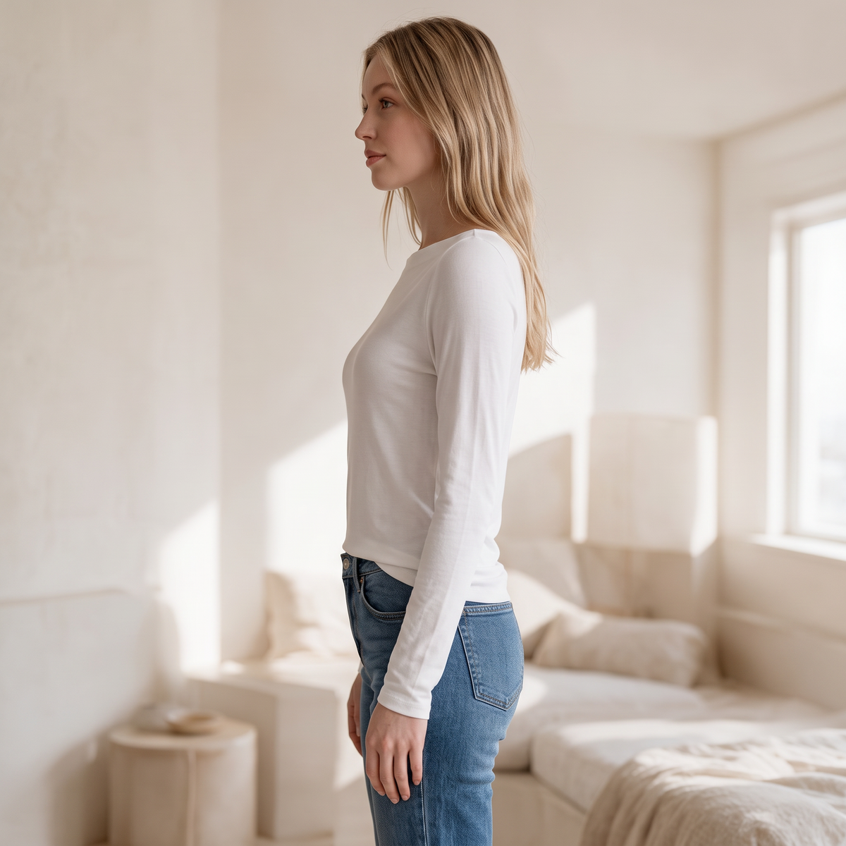 OKAKIE white long-sleeve boat neck top in soft brushed knit worn by a woman in a bright, minimalist bedroom.