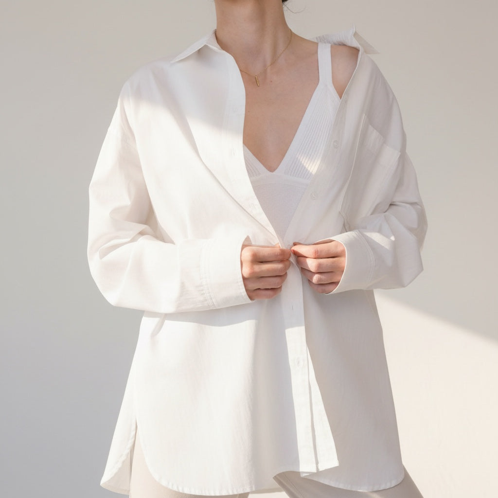 OKAKIE white cotton poplin boyfriend over-shirt with a tailored collar and button-up front worn over a white tank top