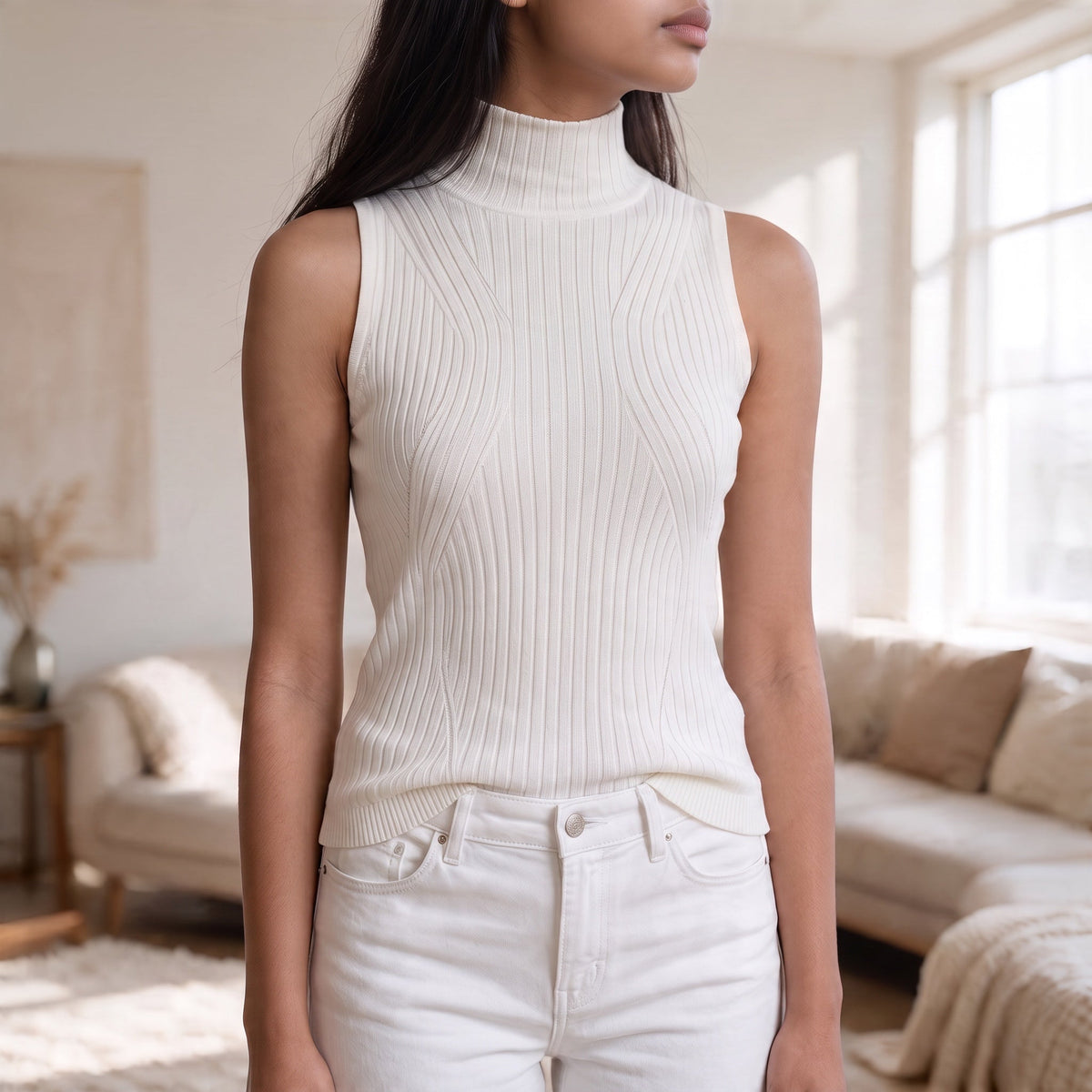 OKAKIE white sleeveless high-neck rib knit top with sculpted curved detailing worn by a model in a bright room.