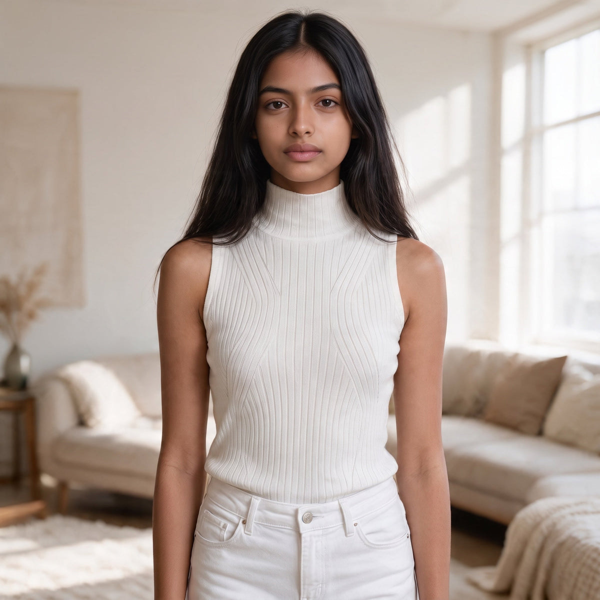 OKAKIE white sleeveless high-neck rib knit top with curved detailing worn by a woman in a bright living room