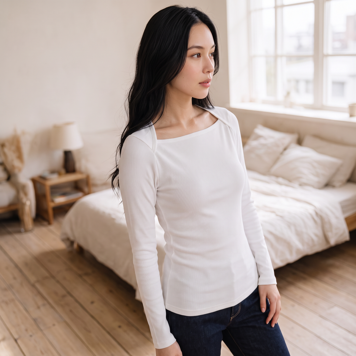 OKAKIE white long-sleeve square neck rib knit top worn by a woman in a bedroom setting.