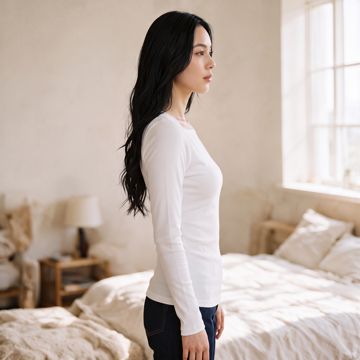 OKAKIE white long-sleeve square neck rib knit top worn by a woman in a sunlit bedroom setting.