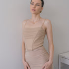Cowl draped corset in nylon mesh